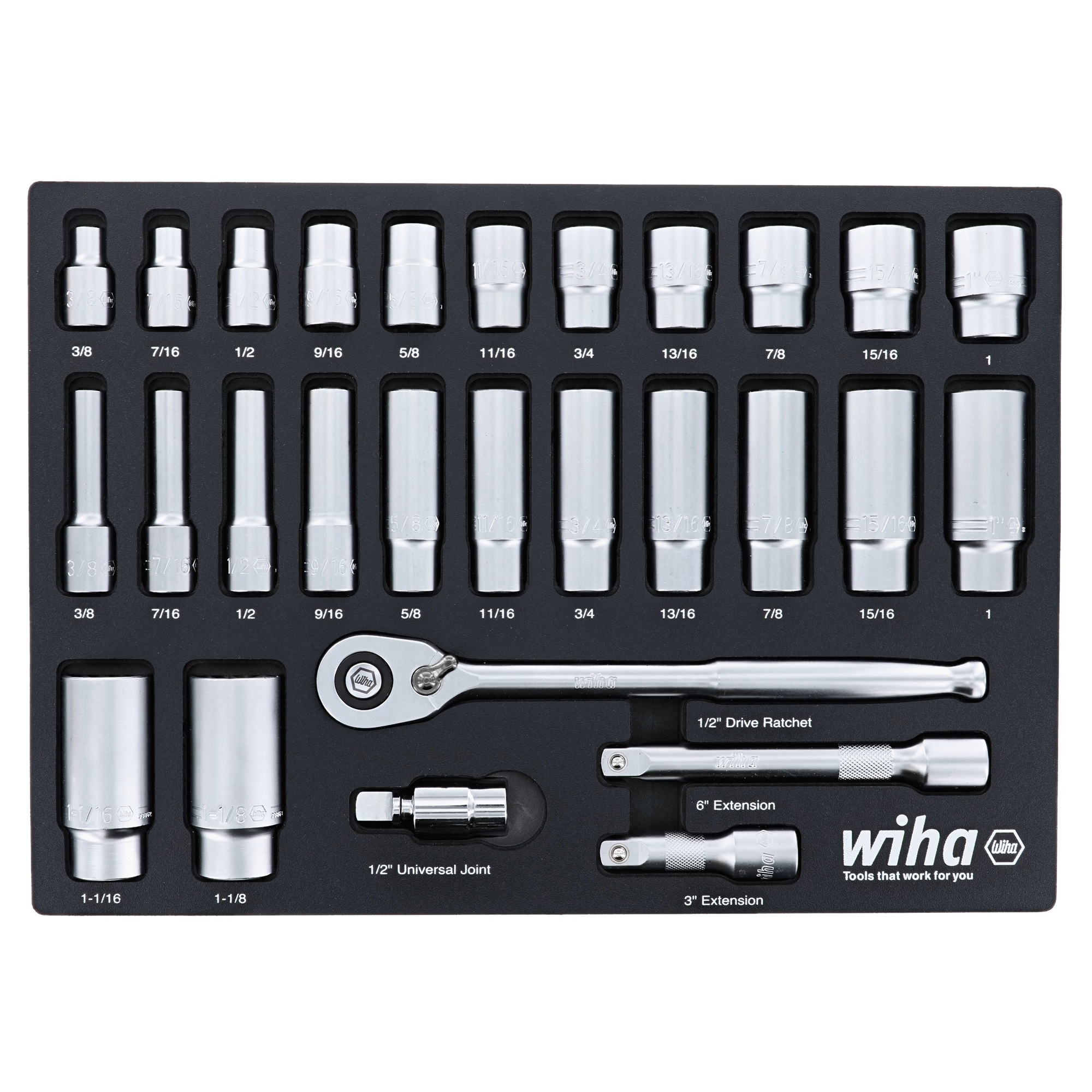 Wiha, 28 Pc. 1/2” Drive Standard Deep Socket Set SAE, Measurement Standard Standard (SAE), Pieces (qty.) 29, Socket Set Type 1/2in. Drive Sets, Model# 33896
